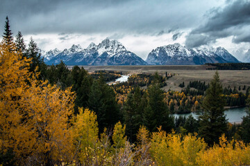 Fototapeta na wymiar autumn in the snake River with the snow capped Grand Tetons mountain on the background.