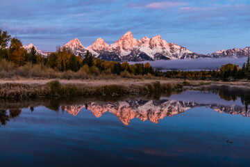 reflection of the alpen glow of the Grand Teton mountains on the Snake River during autumn.