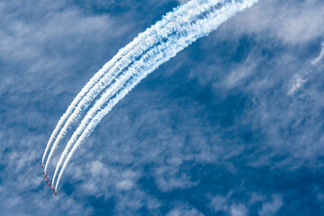 Acrobatic airshow showing jets with amazing formations and colors.