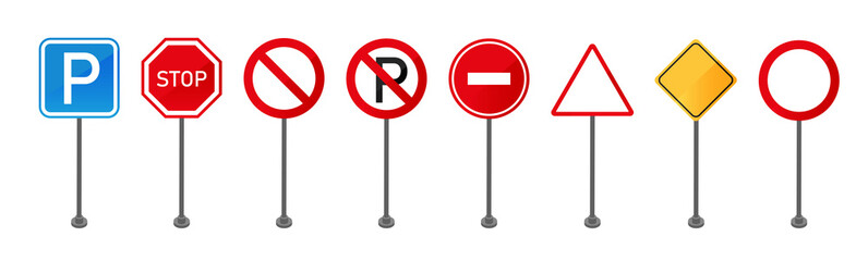 Set of standing road signs isolated on white background. Traffic signboard. Vector illustration.