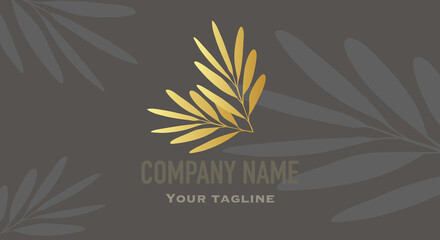Black business card with gold leaves. Isolated design element for organic bio logo, natural and eco products, cosmetic, pharmacy, medicine, science. Vector leaves icon EPS10