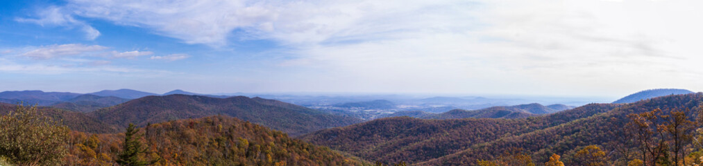 panoramic shot of the BlueRidge Mountains as seen in one of the overlooks in Shenandoah national park in Virginia