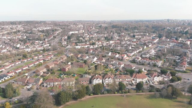 Aerial drone shot of buildings in residential Westbury, Bristol