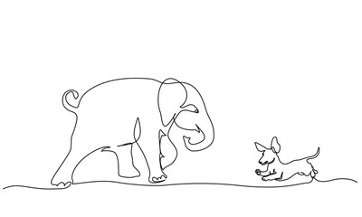 Running baby elephant playing with small dog Dachshund