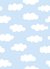 Cute Cloudy Seamless Pattern on Blue Background. Hand Drawn Vector Illustration. Nursery Wall Art for Baby Boy And Baby Girl. Great for Textile, Fabric Prints, Wrapping Paper.