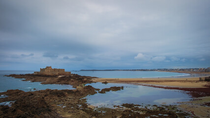 View of Bon-Secours beach and Grand Bé a tidal island near the coast of St-Malo, France