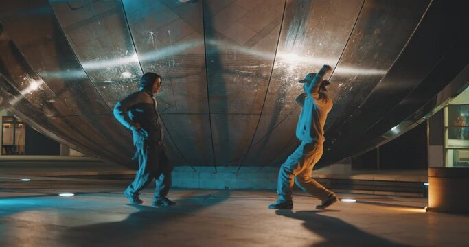 Cool breakdancers jamming & dancing in the street at night