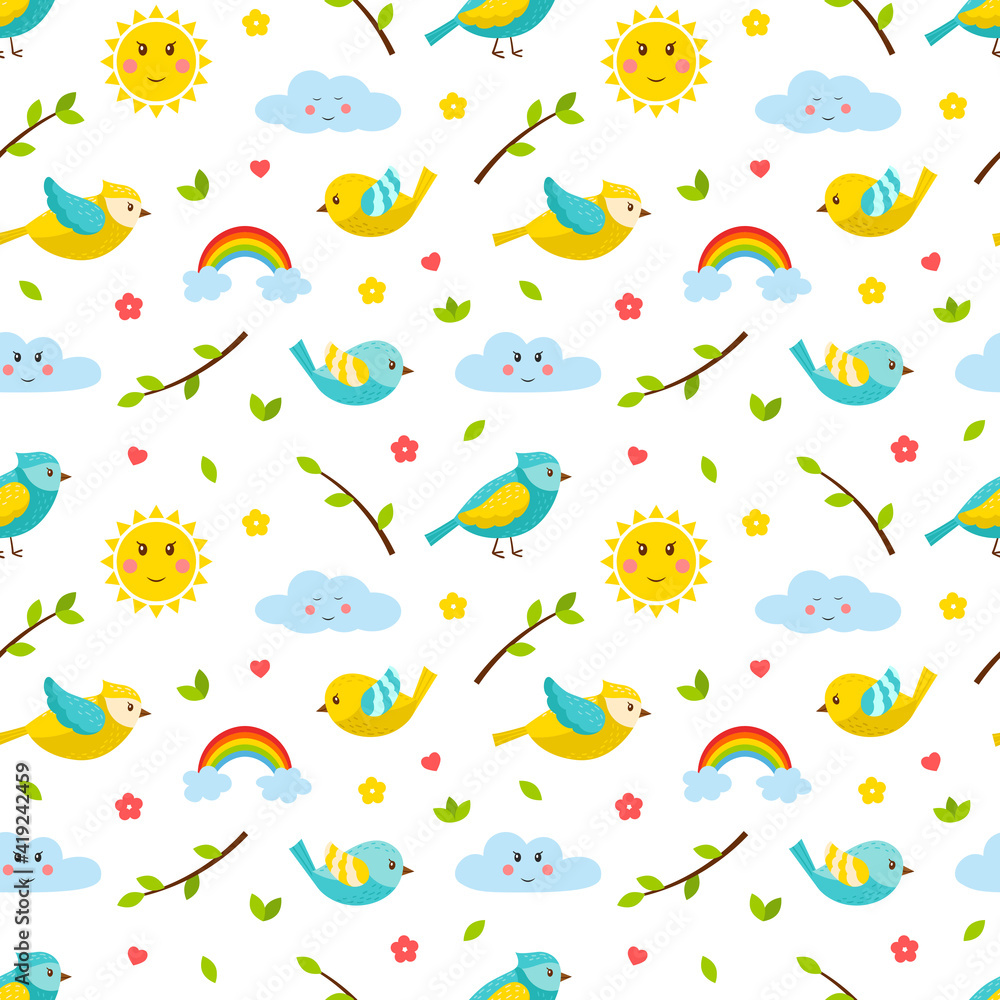 Poster Seamless pattern with birds, twigs, rainbows, sun and cloud. Cute cartoon spring, summer flat vector elements. Children's pattern for textiles and packaging. on a transparent background