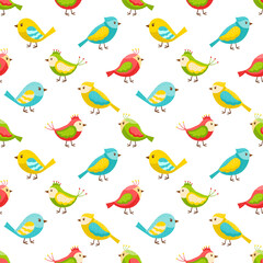 Seamless pattern with cute, colorful birds. Colored flat vector elements. Children's pattern for textiles and packaging. The objects are isolated. Transparent background