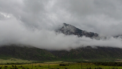 Forested mountains covered with low hanging clouds, US