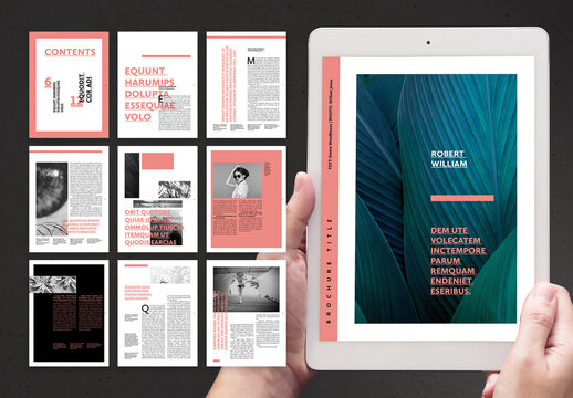 Editorial Brochure Layout with Coral Accents