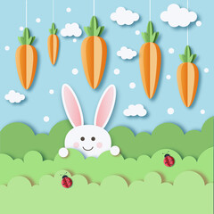 Cute rabbit on the grass dreaming of a carrot