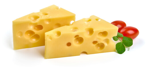 Emmental cheese triangle, isolated on white background. High resolution image