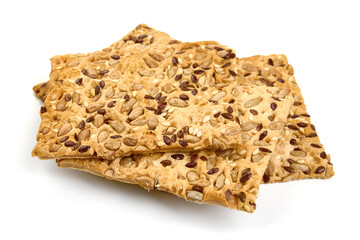 Crispy bread with sesame and flax seeds, crackers, isolated on white background. High resolution image