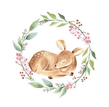 Baby deer with flower wreath watercolor woodland animal