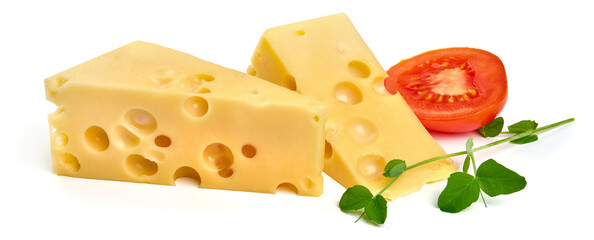 Emmental cheese block, Swiss cheese, isolated on white background. High resolution image