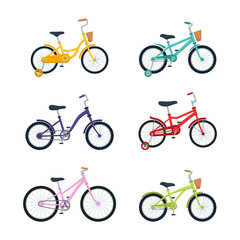 Set of kid bicycles on white background. Children bikes, vector illustration
