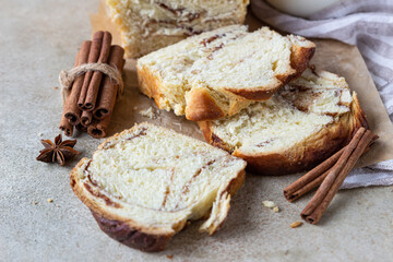 Babka or brioche bread with cinnamon and brown sugar. Homemade pastry for breakfast.