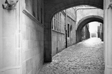 Cobblestone path under arches in an old building