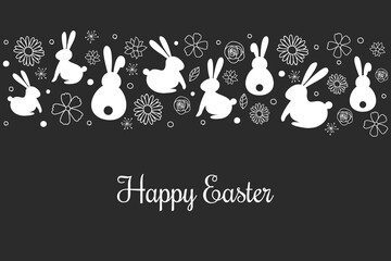 Happy Easter. Card with bunnies and flowers. Vector