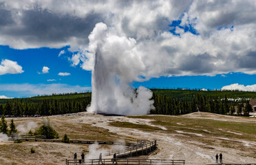Geyser Old Faithful erupts in Yellowstone National Park in Wyoming, US