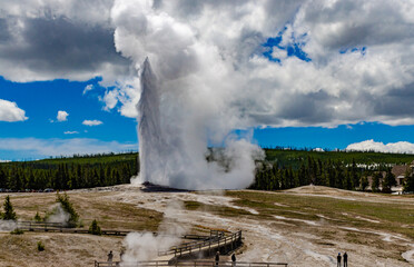 Geyser Old Faithful erupts in Yellowstone National Park in Wyoming, US