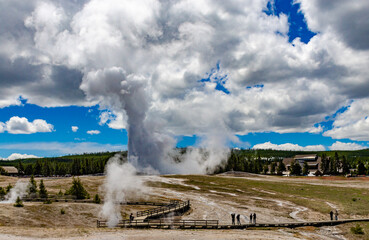 Geyser Old Faithful erupts in Yellowstone National Park in Wyoming, US