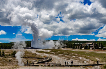 Geyser Old Faithful erupts in Yellowstone National Park in Wyoming, US