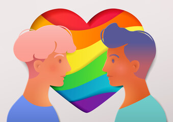 Love LGBTQ illustration with portraits of young gay couple over a colorful paper cut style rainbow heart background for LGBT rights and movements