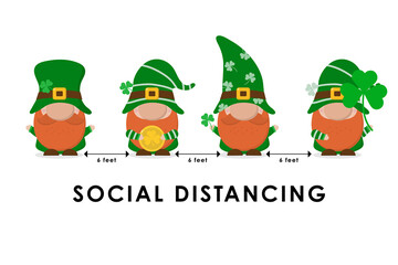 COVID-19 and social distancing infographic with cute gnomes in saint Patrick's day holidays. Fairytale cartoon character in flat style. Corona virus protection. -Vector