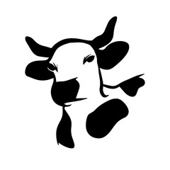 Cow head logo icon in hand drawn style on white background. Silhouette cow head