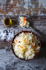 Selective focus. Sauerkraut in a bowl. Probiotics and fermented foods.
