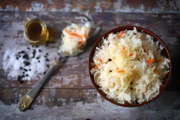 Selective focus. Sauerkraut in a bowl. Probiotics and fermented foods.