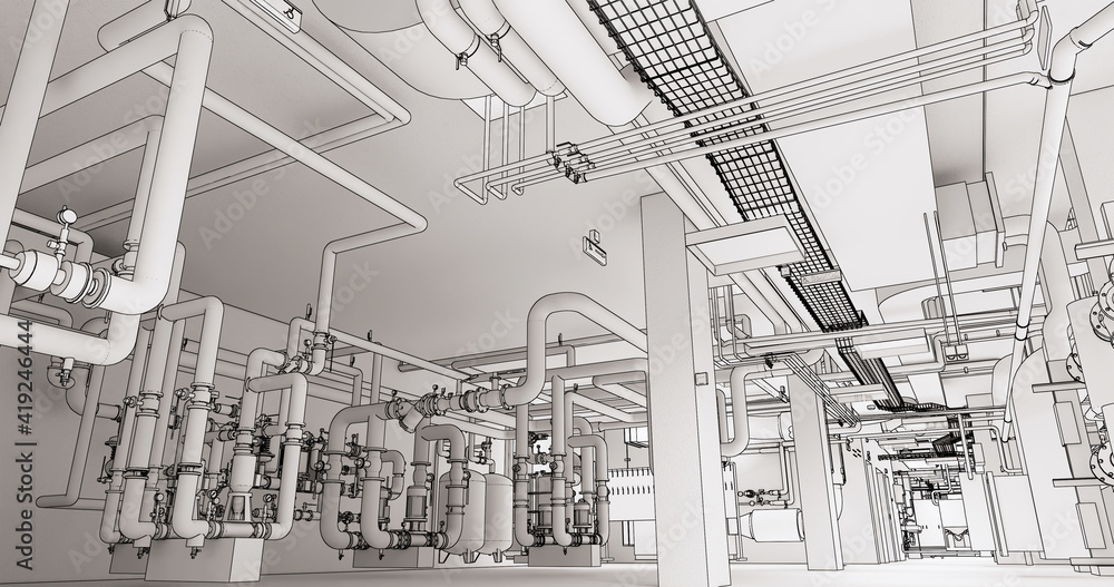Poster conceptual visualization of the bim model utilities of the building at blueprint style