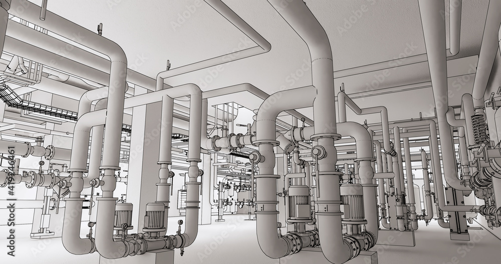 Poster conceptual visualization of the bim model utilities of the building at blueprint style