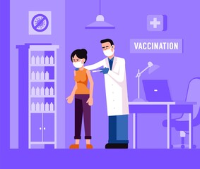 Doctor puts the vaccine to the female patient. Corona virus prophylactic vaccine injection. Vector illustration.