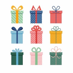 Vector set of different colorful wrapped gift boxes. Christmas gift box. Party gifts.