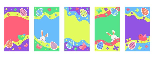 Fototapeta na wymiar Happy Easter. Abstract backgrounds highlight cover. Hand drawn templates. Doodle shapes in contemporary style. For social media stories for bloggers and influencers. Vector illustration.