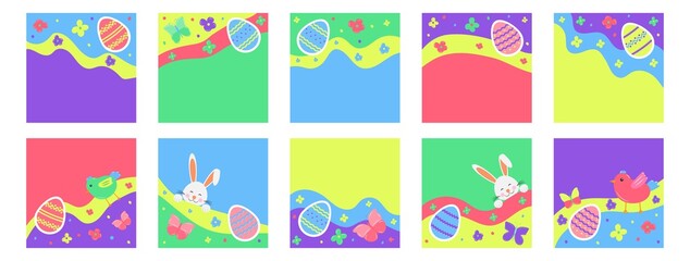 Happy Easter. Set of abstract backgrounds highlight cover. Hand drawn templates. Doodle shapes in contemporary style. For social media, for bloggers and influencers. Vector illustration.