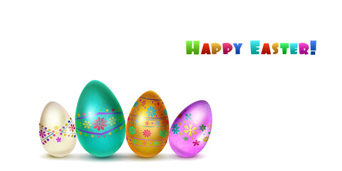 Illustration with several realistic Easter eggs in various colors with holiday symbols, glares and shadows on white background