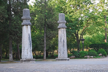 China, Nanjing, decorative columns called Hua Biao at the entry of Xiao ling Mausoleum. The place has harmony and serenity atmosphere.