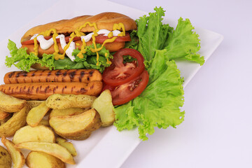 Close up Hot Dog with Fresh Vegetable and French Fries