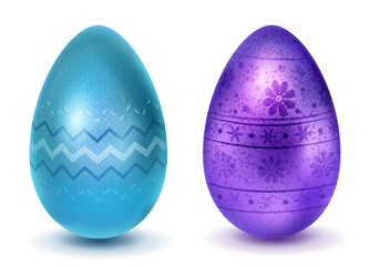 Two realistic Easter eggs with different surface texture, patterns and holiday symbols in light blue and purple colors. With shadows on white background