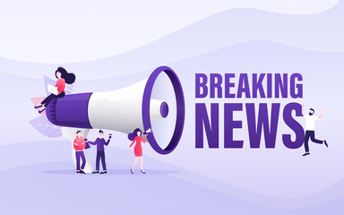 Flat template with megaphone people breaking news for flyer design. Breaking news concept. Flat vector illustration.