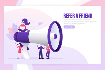 Flat icon with megaphone people refer friend. Poster, banner. Flat isometric vector illustration. 3d vector illustration.