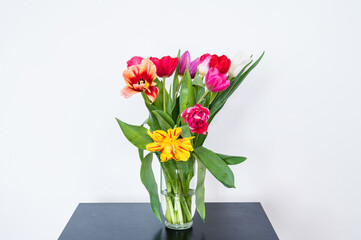 Bouquet of tulips in glass vase on black table. Beautiful spring flowers. White wall. Home decor.