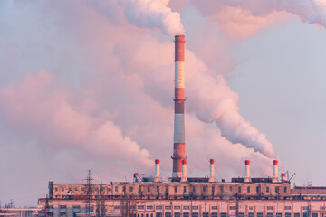 Industrial zone with factory chimneys producing smoke. Concept of air atmosphere pollution,...
