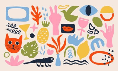 Hand drawn contemporary shapes. Bright cartoon doodle objects, trendy scribbles, vibrant colored abstration in vector 