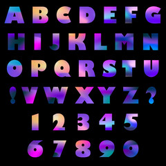 Vector set: capital letters of the latin alphabet, exclamation, question marks and numbers: 1, 2, 3, 4, 5, 6, 7, 8, 9, 0. Isolated elements with a gradient rainbow hologram fill on a black background.