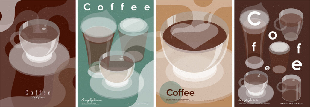 Coffee, abstract illustrations, paintings. Set of vector illustrations. Coffee cups, coffee aroma.